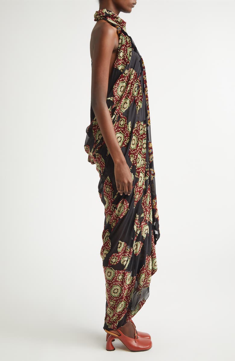 Dries Van Noten Dingo Draped Asymmetric Velvet & Silk Devoré Midi Dress, Alternate, color, Black