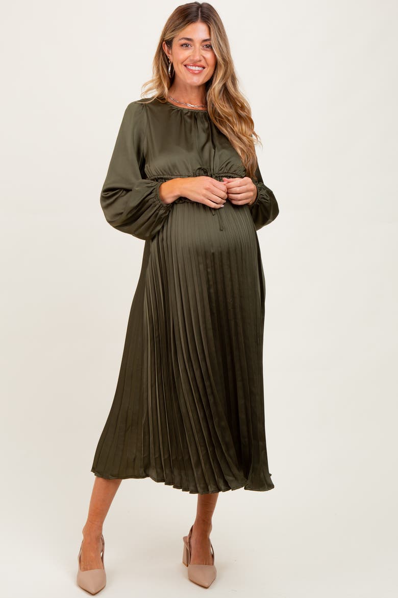 Pleated Satin Smocked Waist Midi Dress, Main, color, Olive Green