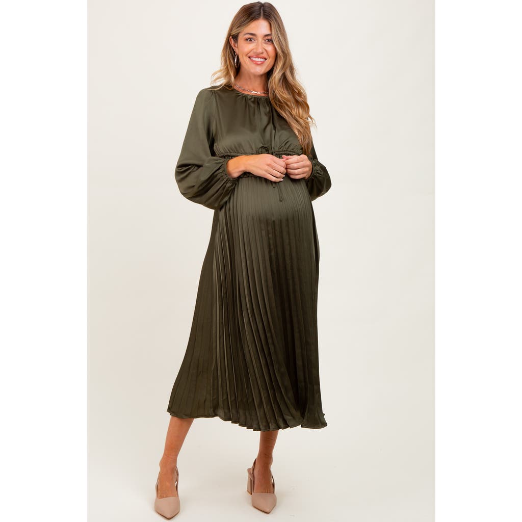 Pinkblush Pleated Satin Smocked Waist Midi Dress In Green
