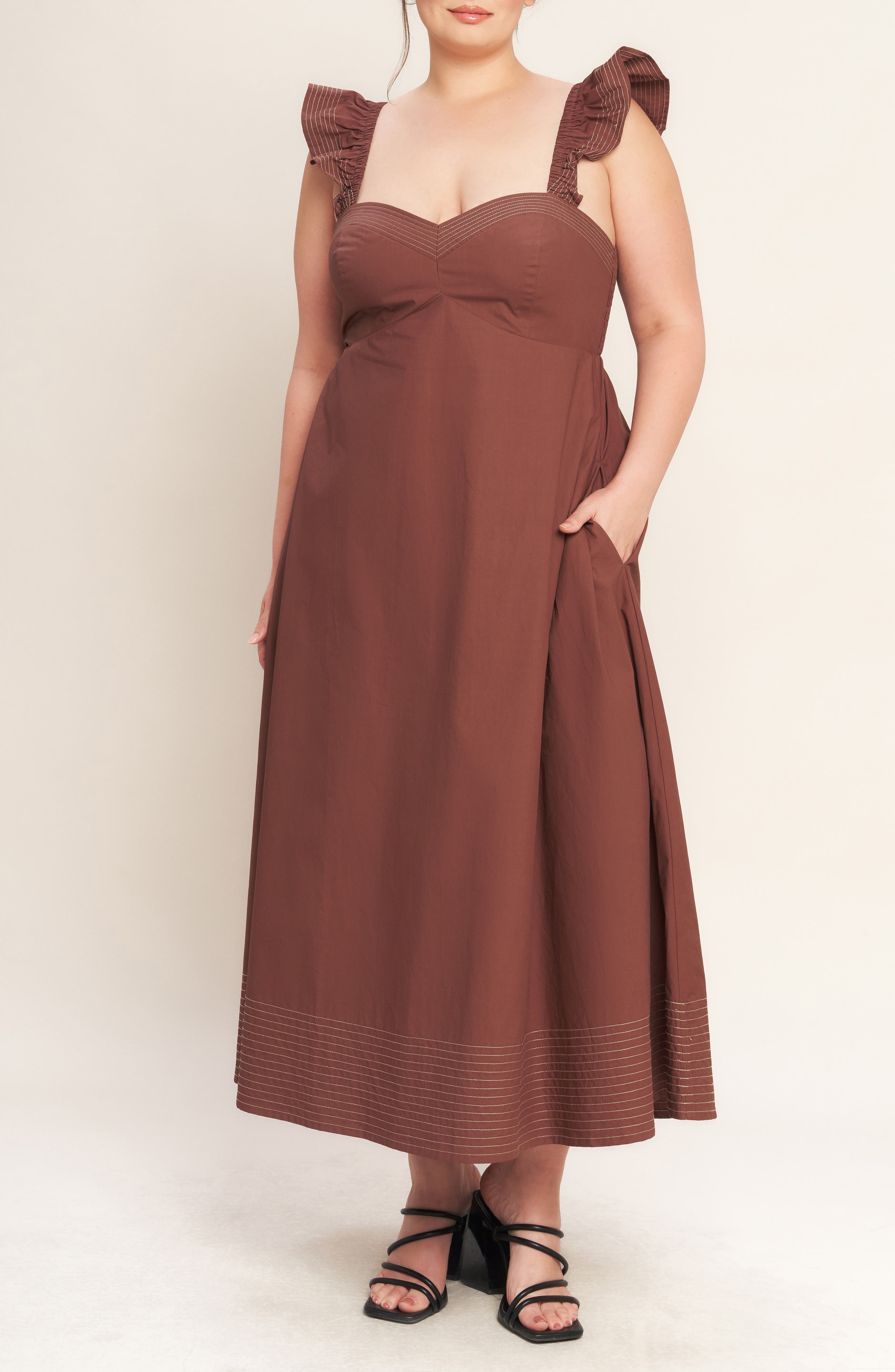 FLYING TOMATO Solid Flutter Sleeve Midi Dress