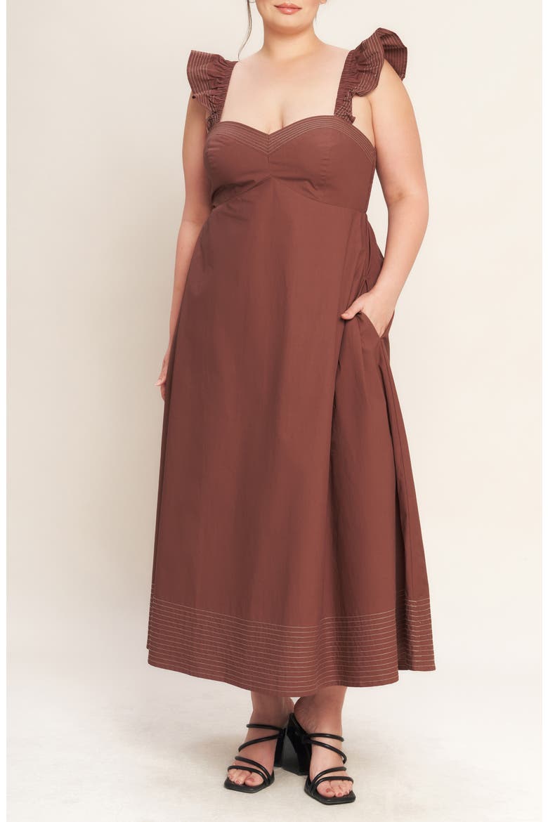 Solid Flutter Sleeve Midi Dress, Main, color, COGNAC