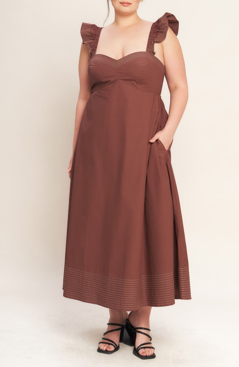 FLYING TOMATO Solid Flutter Sleeve Midi Dress, Main, color, Cognac