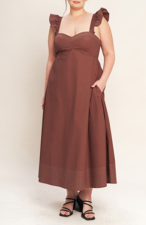 Solid Flutter Sleeve Midi Dress (Plus)