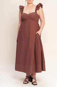 FLYING TOMATO Solid Flutter Sleeve Midi Dress