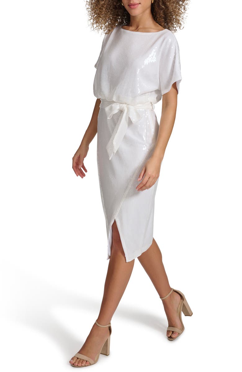 Kensie Sequin Mesh Tie Waist Dress, Alternate, color,