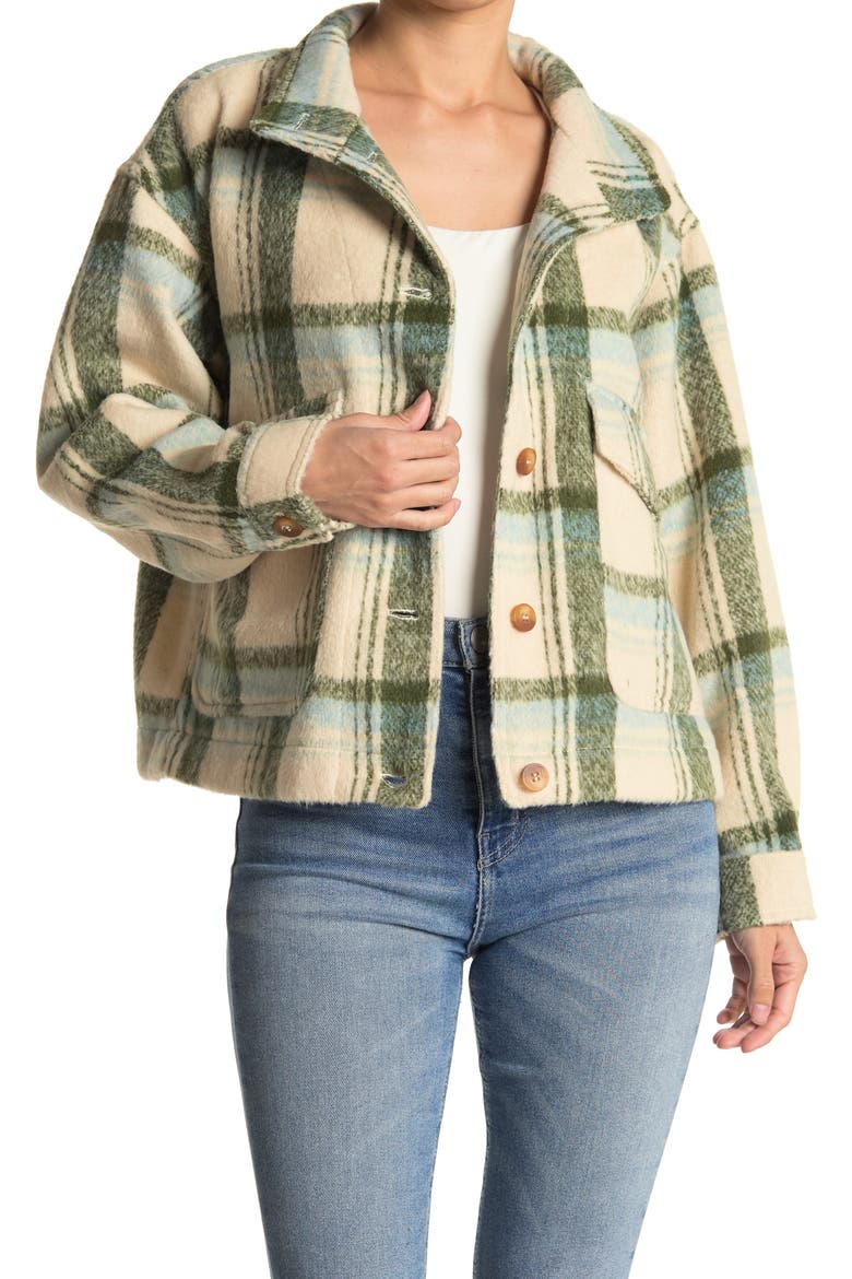 Cozy Brushed Knit Shacket, Main, color, AQUA/ GREEN PLAID