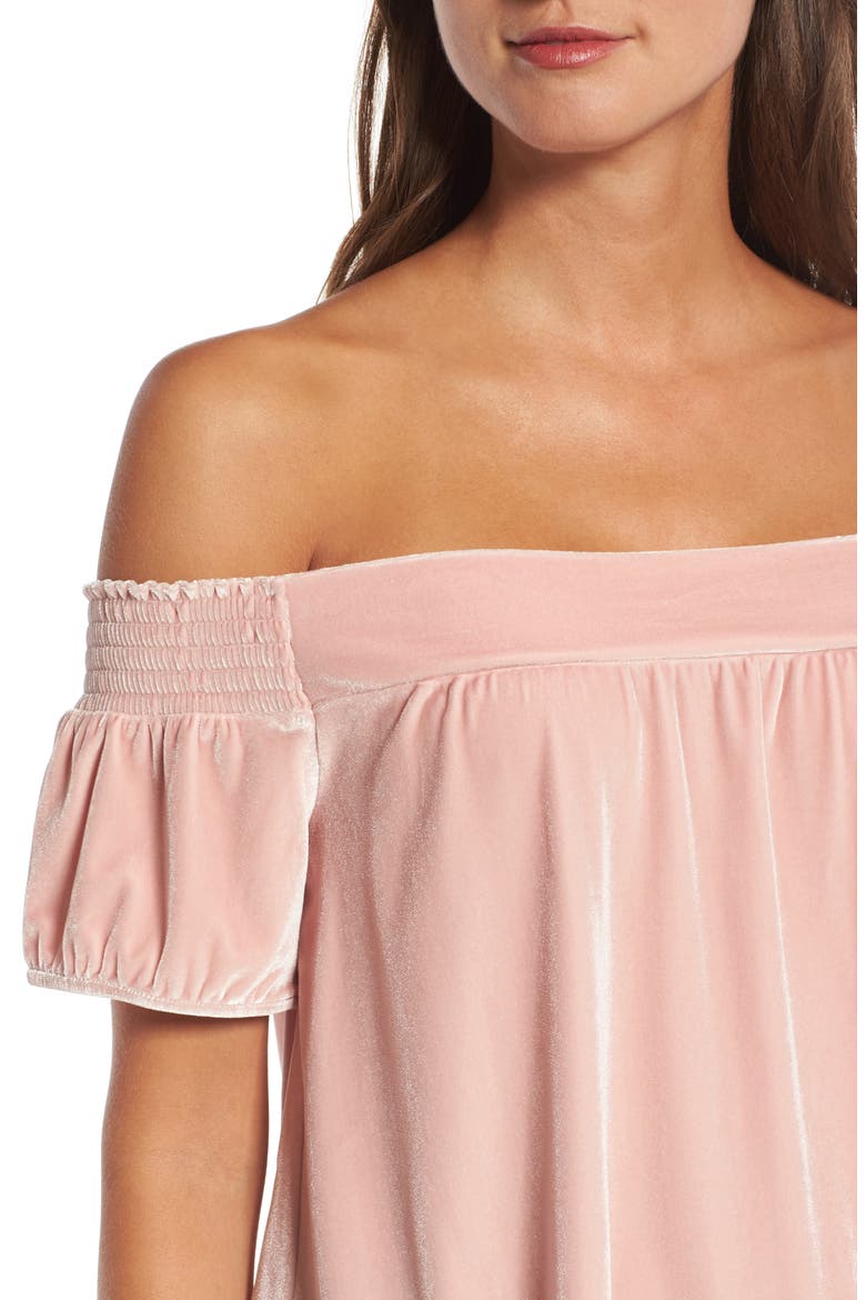 Off the Shoulder Velvet Top, Alternate, color, PINK PEACH
