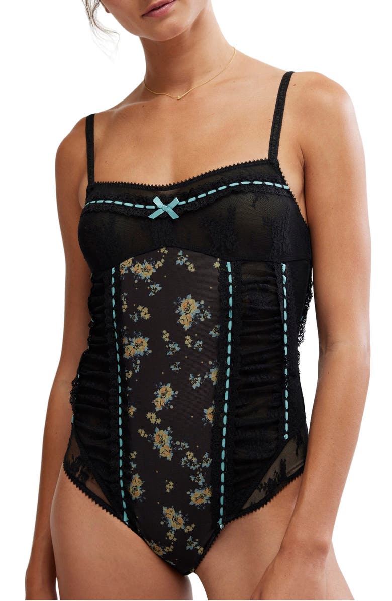 Free People Sara Floral Print Lace Corset Bodysuit, Main, color, Black Combo