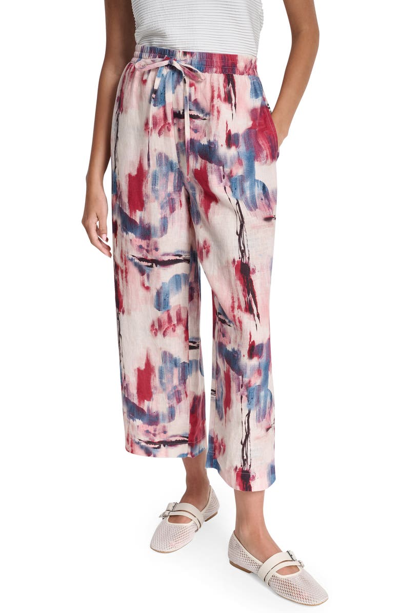 DKNY Print Pull-On Linen Pants, Main, color, Urban Bloom
