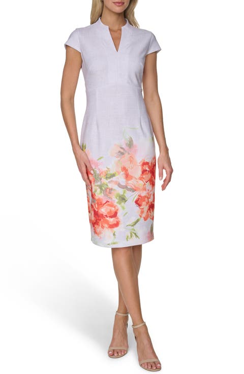 Placed Floral Print Cap Sleeve Sheath Dress