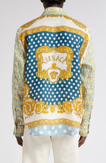 【関税・送料込み】VERSACE TEXTILE ALLOVER POLKA DOTS  Versace Polka Dot Allover Logo Linen Button-Up Shirt | Nordstrom