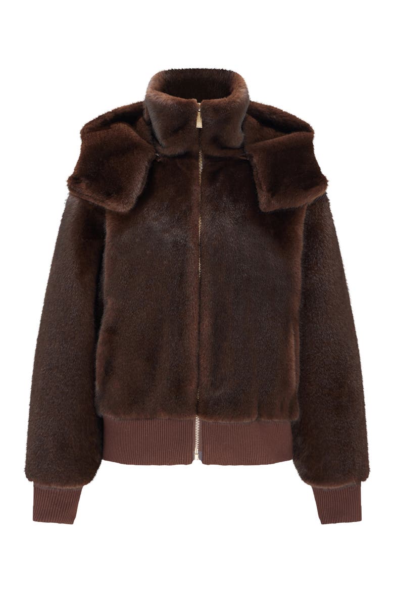 Fur-Free Mink (Faux Fur) Hooded Jacket With Knitted Cuffs & Bottom, Alternate, color, DARK BROWN