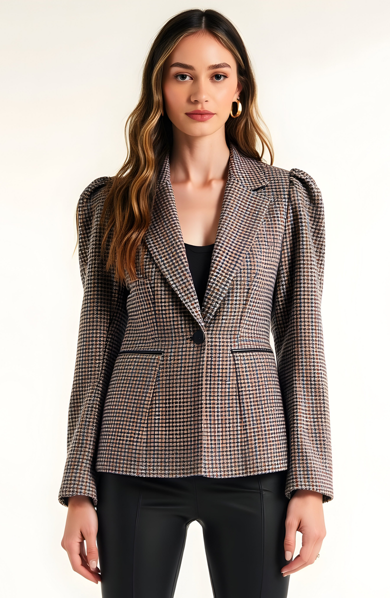 Modenaire Houndstooth Blazer with Puff Shoulders, Notch Lapels and Single Button, Main, color, 