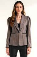 Modenaire Houndstooth Blazer with Puff Shoulders, Notch Lapels and Single Button