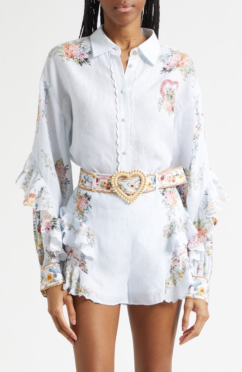 Camilla Seville Sweetheart Frill Detail Linen Button-Up Shirt, Main, color, Seville Sweetheart