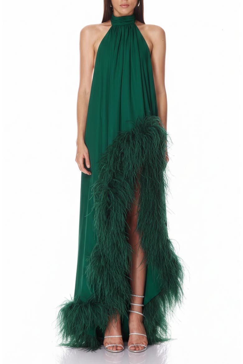 Madeline Feather Detail High-Low Gown, Alternate, color, EMERALD