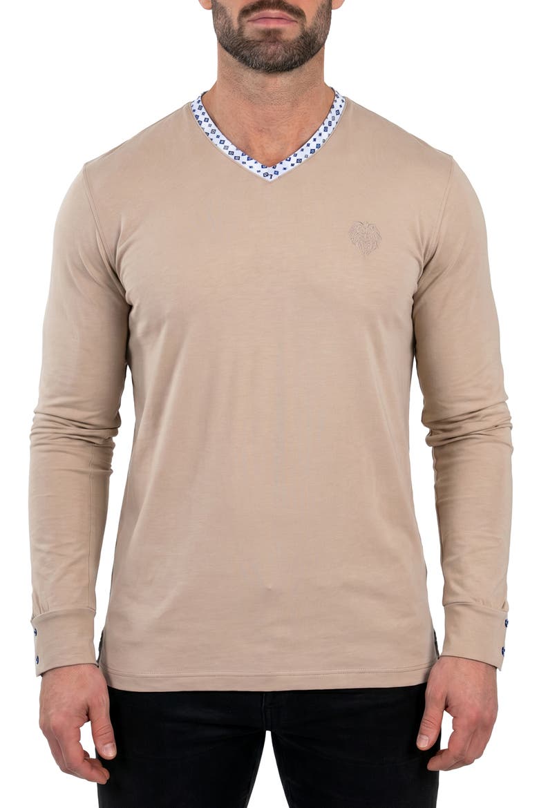 Edison Stretch Cotton Long Sleeve V-Neck T-Shirt, Main, color, BEIGE