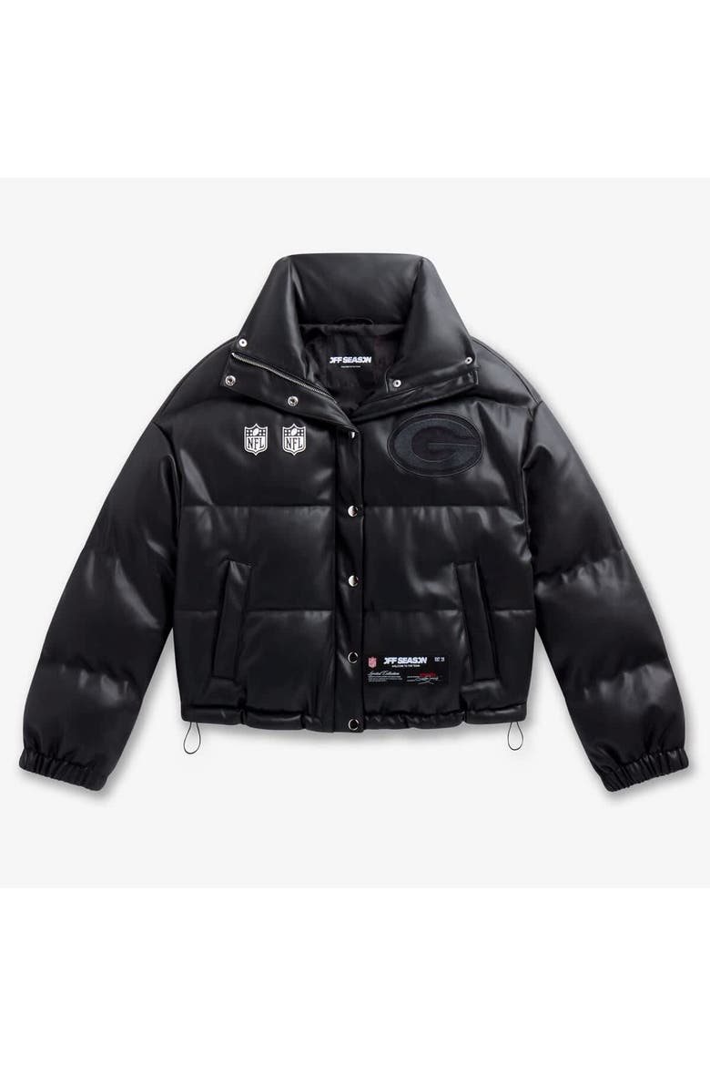 Women's  Black Green Bay Packers Faux Leather Puffer Jacket, Alternate, color, Black