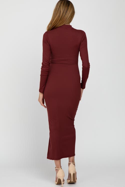 Pinkblush Ribbed Mock Neck Side Slit Maxi Dress In Brown