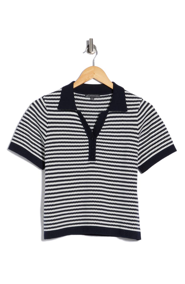 Adrianna Papell Stripe Short Sleeve Polo Sweater, Main, color, Blue Moon/ Ivory