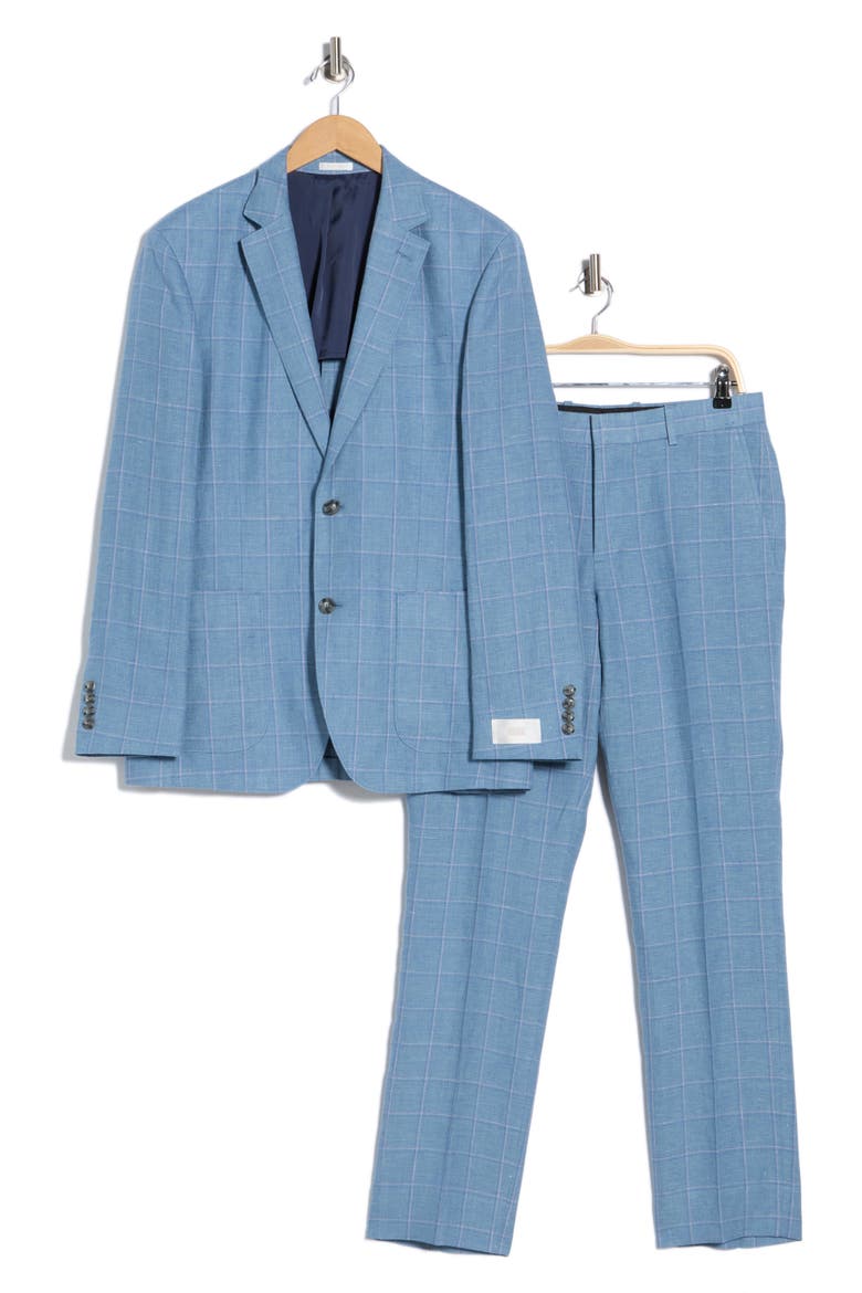 Trim Fit Plaid Linen Suit, Alternate, color, HACKETT BLUE PLAID