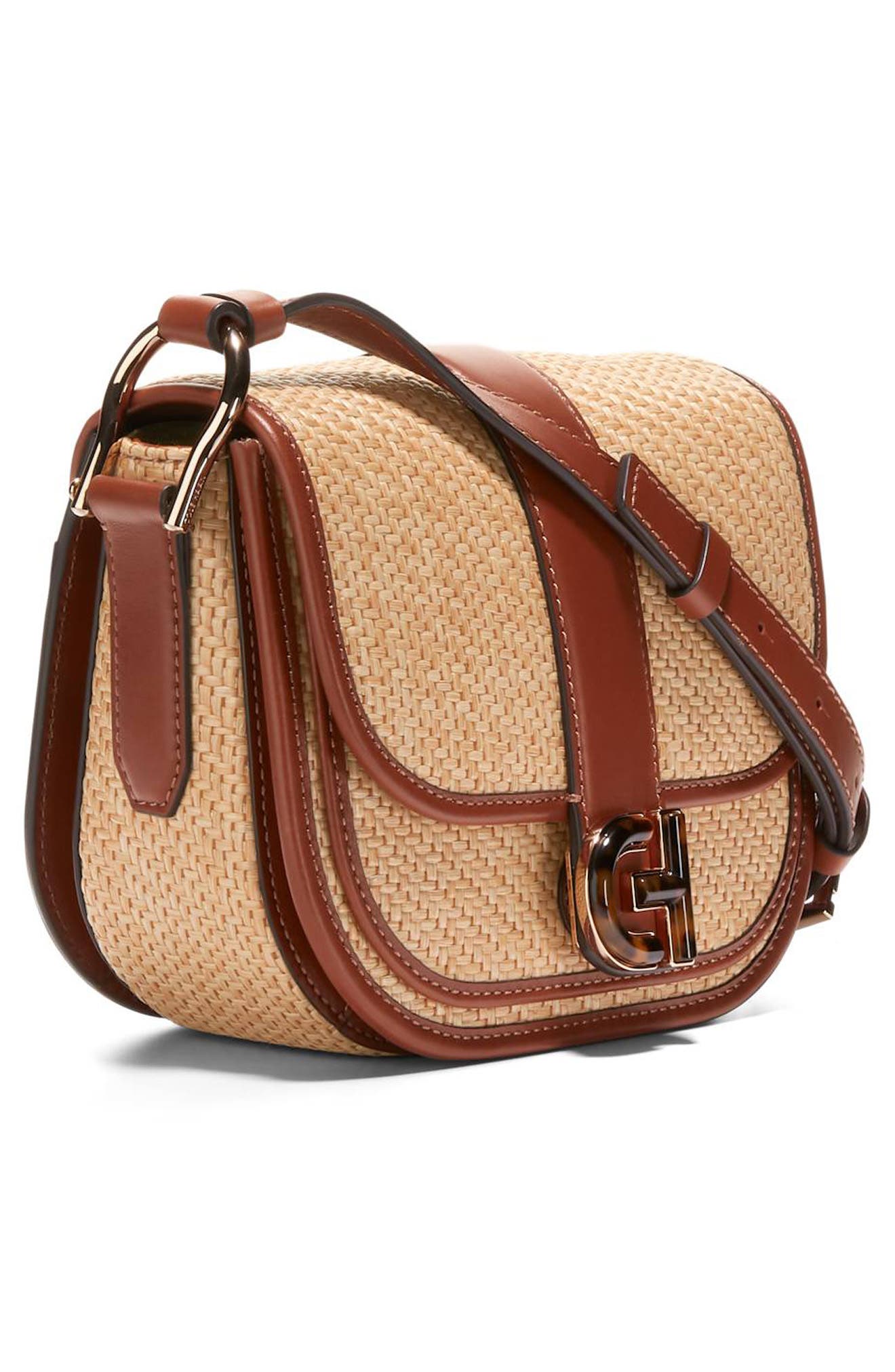 Cole Haan Mini Essentials Straw & Leather Saddle Bag, Alternate, color, 
