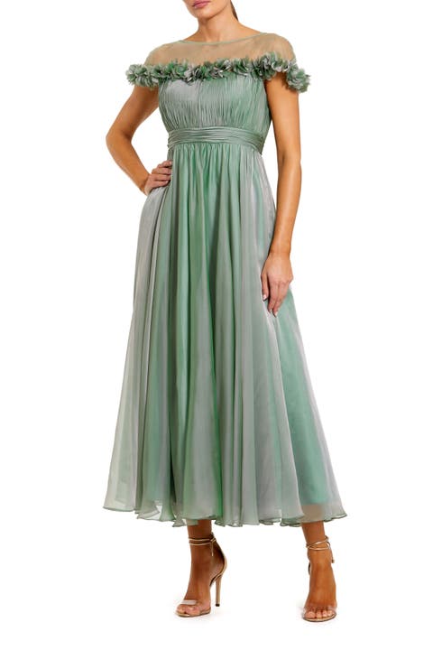 Chiffon Illusion Neck Midi Dress With 3D Flowers