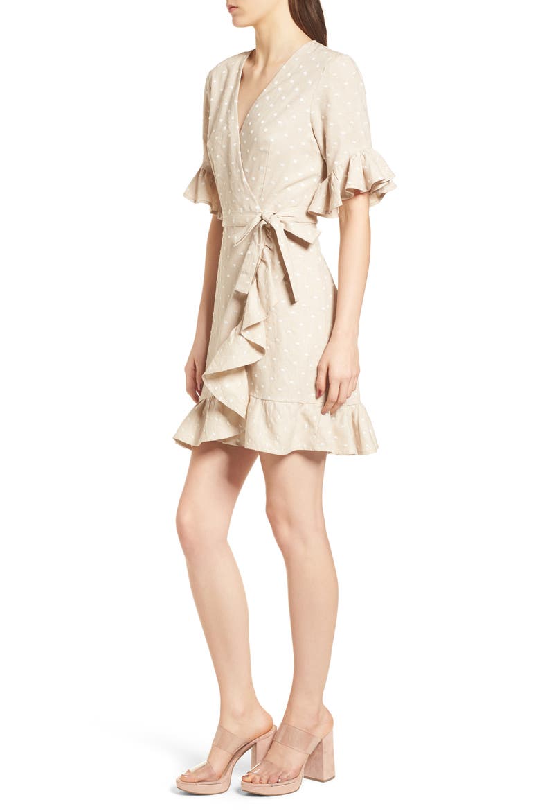 Ruffle Wrap Dress, Alternate, color, NATURAL/ IVORY POLKA DOT
