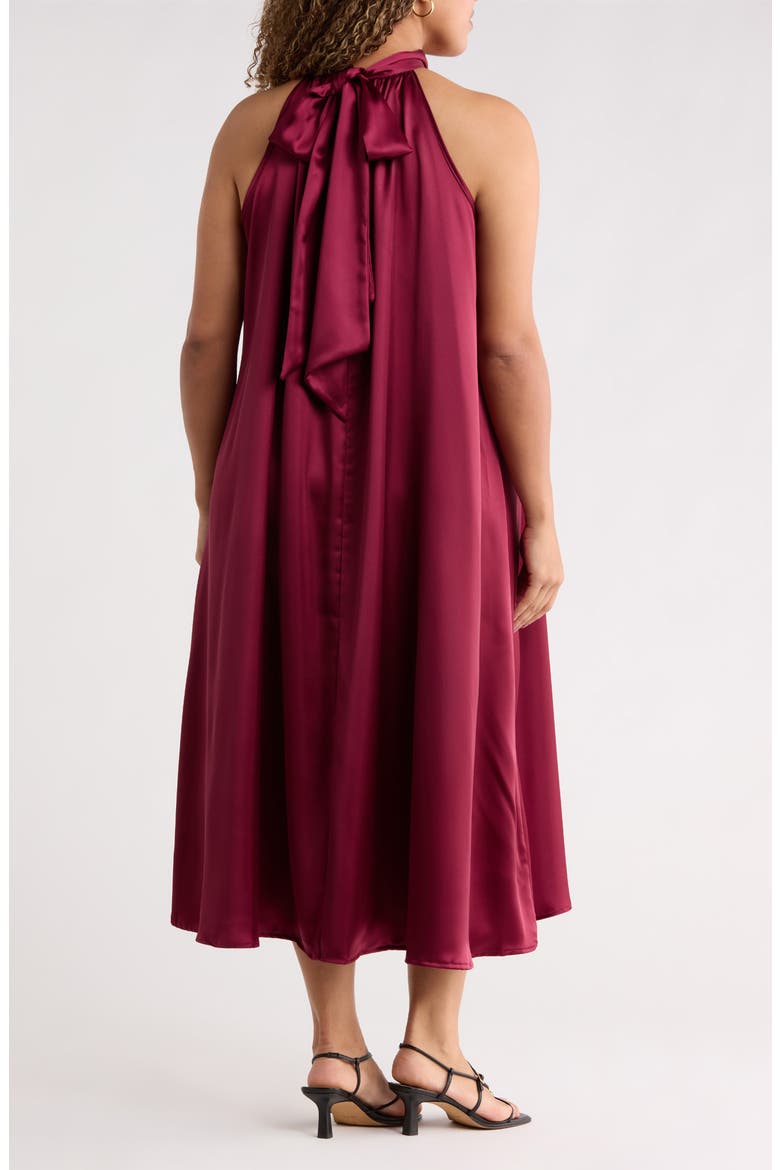 Satin Tie Neck Midi Dress, Alternate, color, BURGUNDY