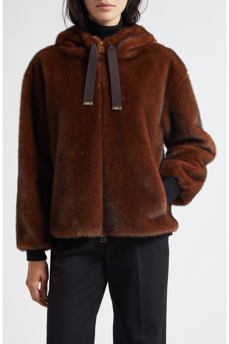 Mink Faux Fur Hooded Blouson Jacket, Main, color, CHOCOLATE