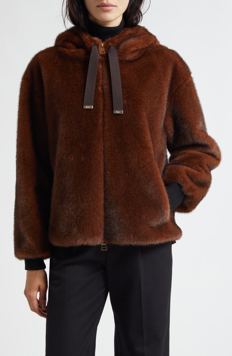 Herno Mink Faux Fur Hooded Blouson Jacket, Main, color, Chocolate