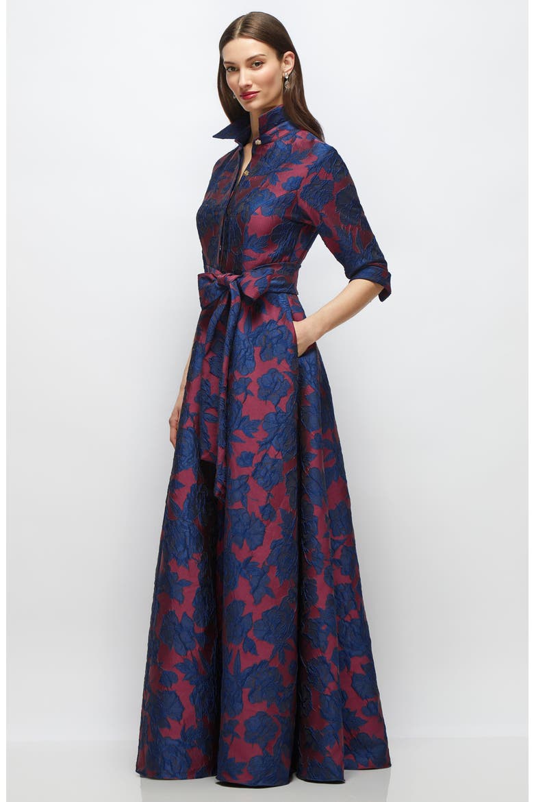 Floral Jacquard Shirtdress Gown, Alternate, color, BURGUNDY NAVY FLORAL