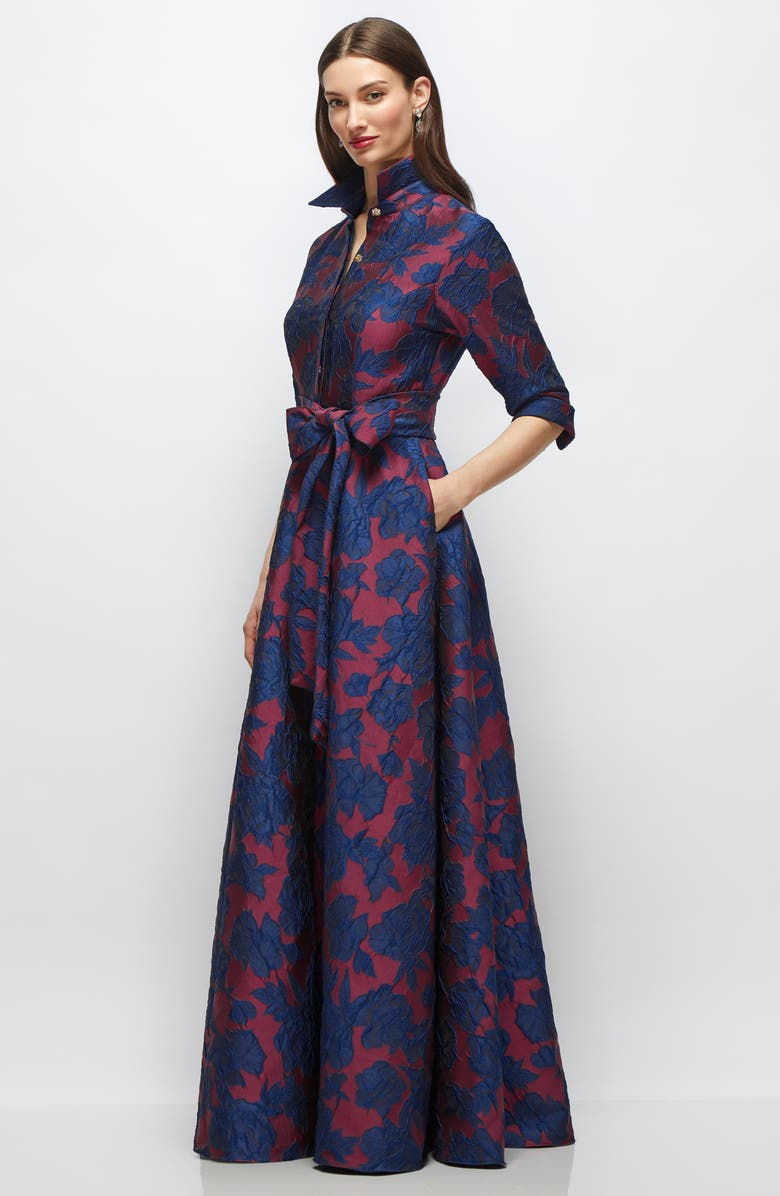 After Six Floral Jacquard Shirtdress Gown, Alternate, color, Burgundy Navy Floral
