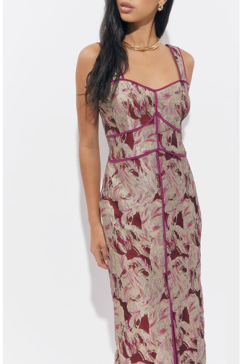 Ella Jacquard Midi Dress, Alternate, color, BURGUNDY/ GOLD
