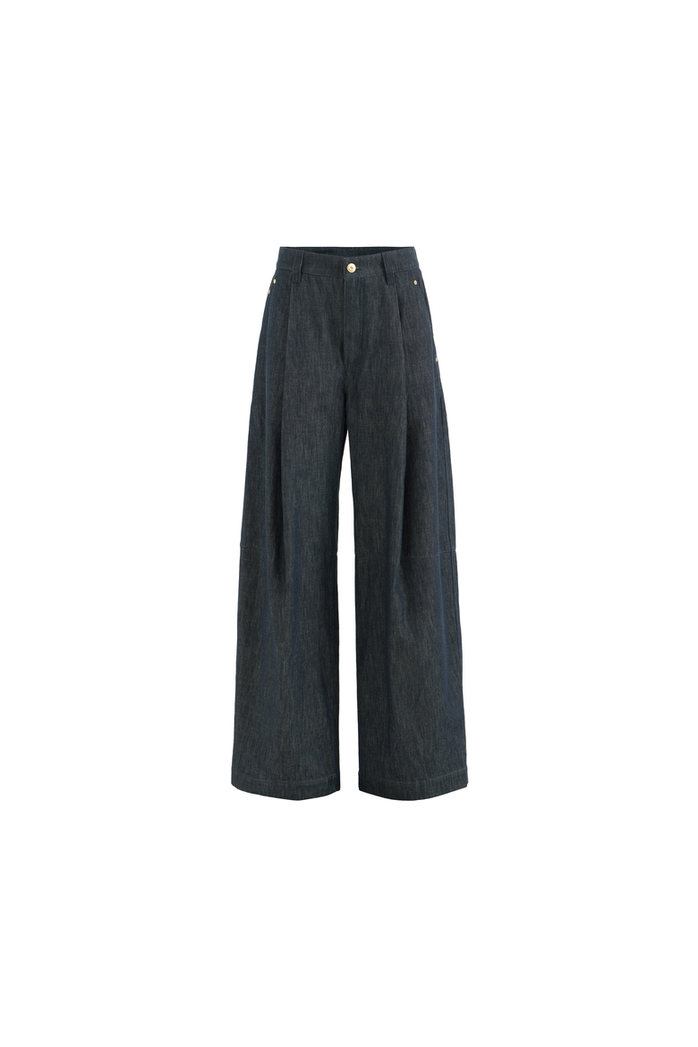 Cotton Denim-effect Twill Pleated Barrel Trousers With Monili, Alternate, color, Denim