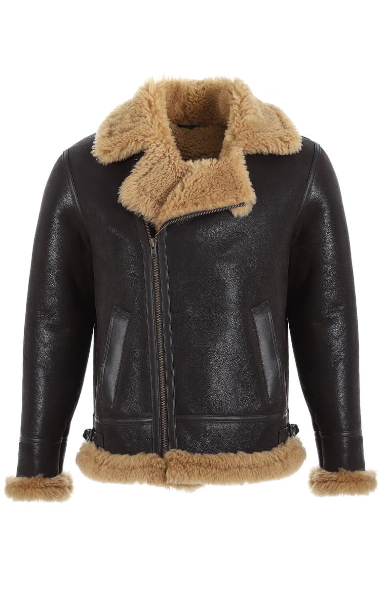 Furniq UK Andrew Grained Leather Shearling Jacket, Main, color, Brown