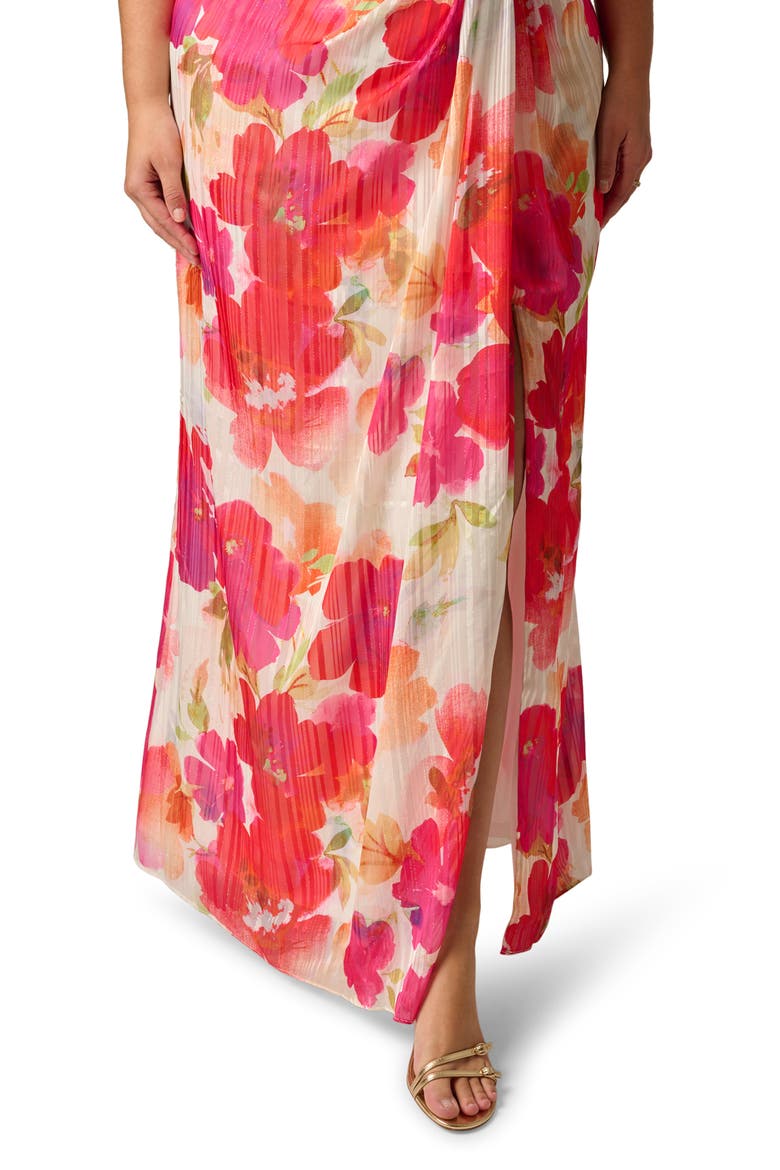 One-Shoulder Satin & Chiffon Evening Gown, Alternate, color, IVORY/ PINK MULTI