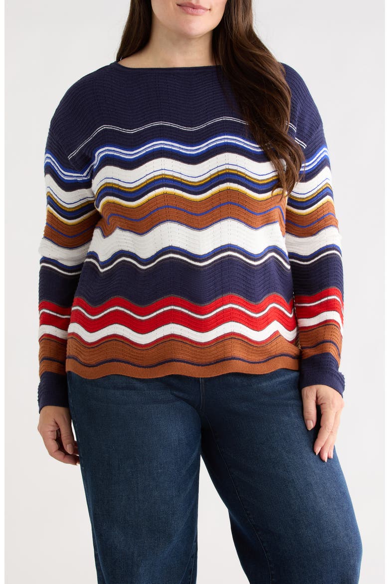 Scalloped Hem Sweater, Main, color, NAVY/ BROWN MULTI STRIPE