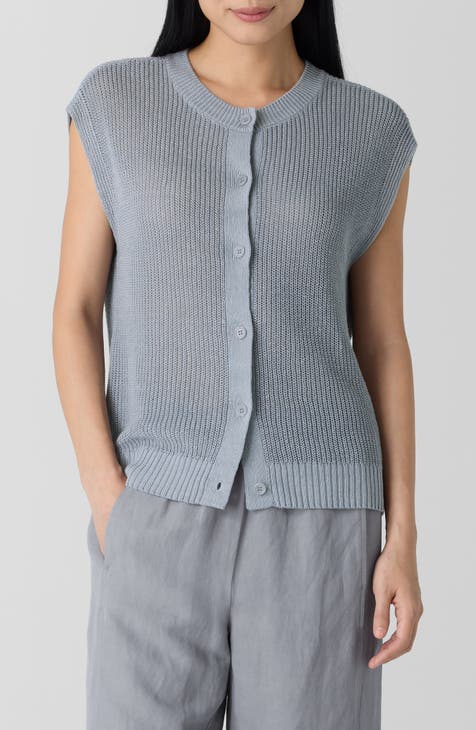 NWT Eileen Fisher Silver Ice Gray Round Neck Ribbed Knit Sleeveless fashion Sweater