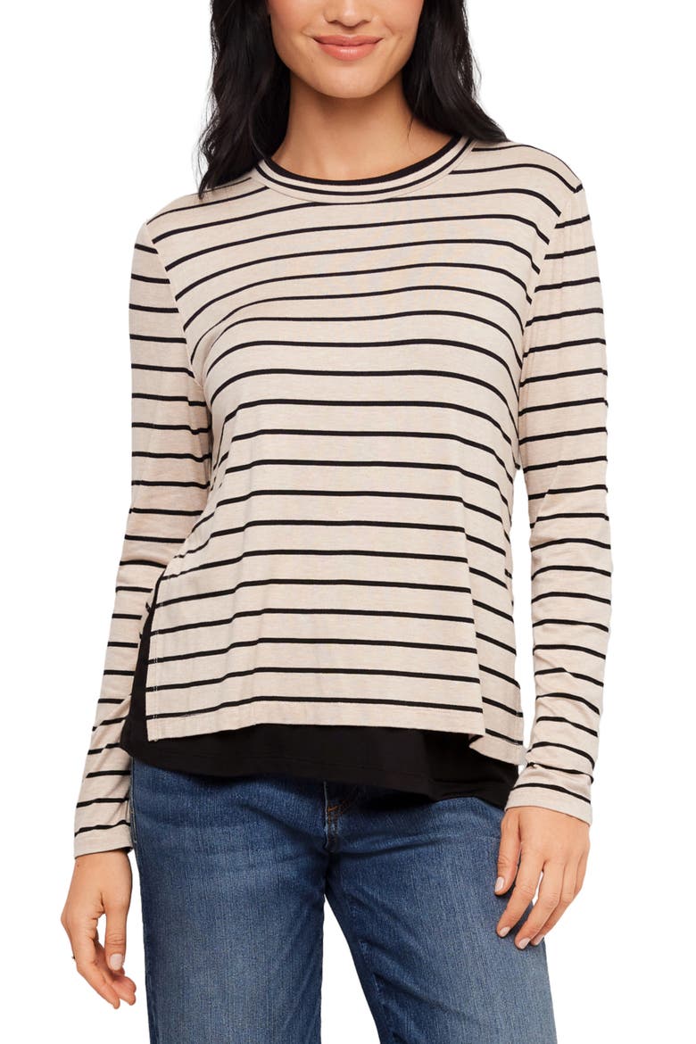 Striped Side Slit Top, Main, color, OATMEAL W/ BLACK