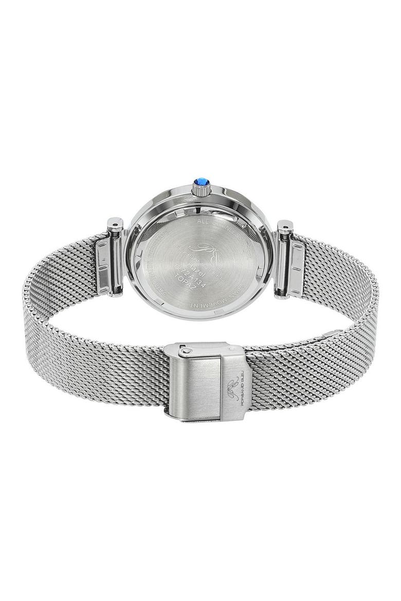 Hazel White Topaz Mother of Pearl Dial 3-Hand Quartz Mesh Strap Watch, 33mm, Alternate, color, SILVER
