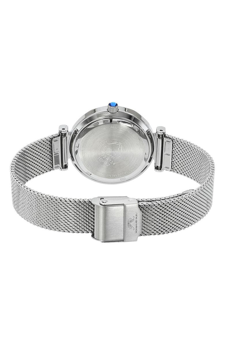 PORSAMO BLEU Hazel White Topaz Mother of Pearl Dial 3-Hand Quartz Mesh Strap Watch, 33mm, Alternate, color, Silver
