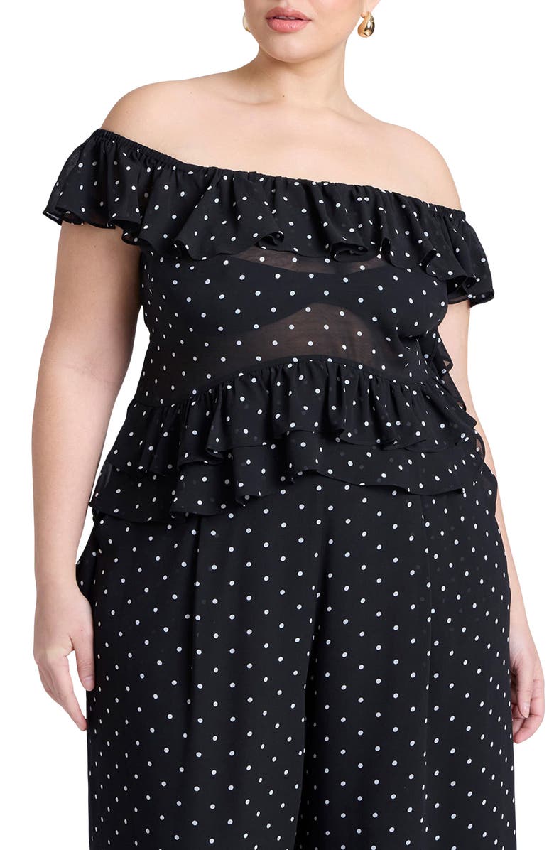 ELOQUII Dot Ruffle Off the Shoulder Top, Main, color, 