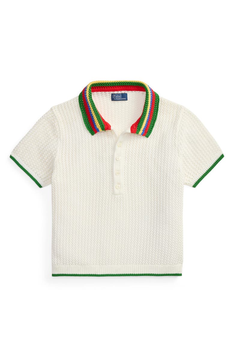 Polo Ralph Lauren Pointelle Knit Short Sleeve Polo, Alternate, color, White Multi