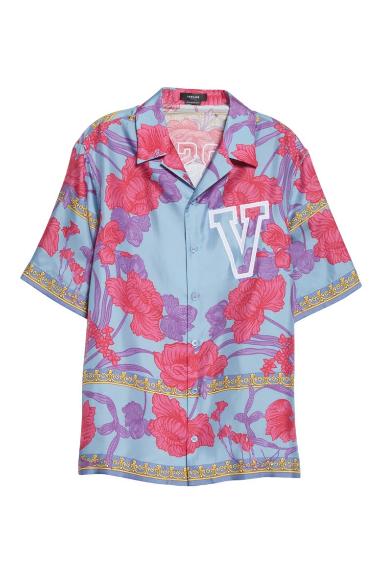 Logo Floral Print Silk Button-Up Shirt, Alternate, color, 5V250 - CORNFLOWER PRINT