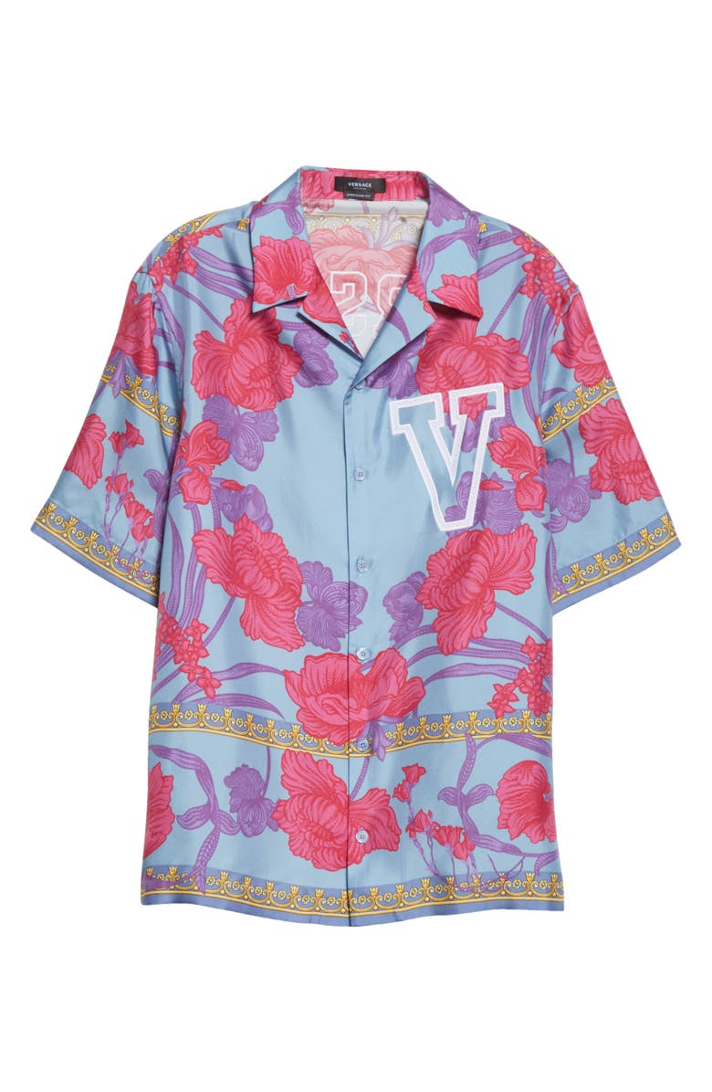 Versace Logo Floral Print Silk Button-Up Shirt, Alternate, color,