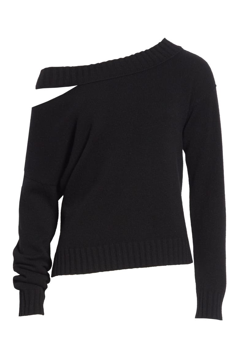 One Shoulder Slit Pullover Sweater, Alternate, color, BLACK