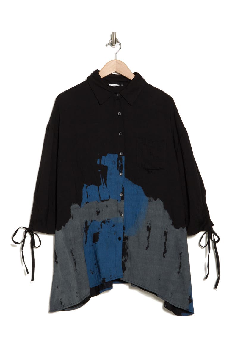 Printed Button-Up Tunic Shirt, Alternate, color, BLACK