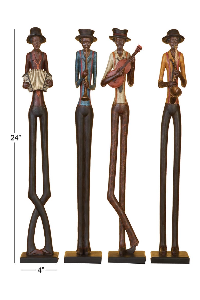 Brown Polystone Tall Long Legged Jazz Band Musician Sculpture with Black Base Stand - Set of 4, Alternate, color, BROWN