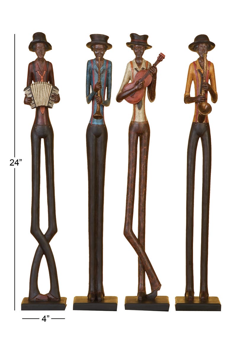 WILLOW ROW Brown Polystone Tall Long Legged Jazz Band Musician Sculpture with Black Base Stand - Set of 4, Alternate, color,